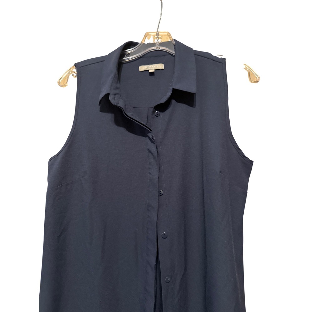Joan Vass Studio Navy Blue Sleeveless A-Line Button Down Tunic Top Size M